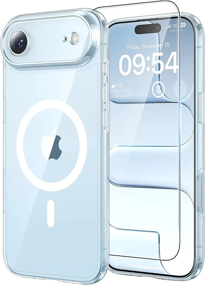 TAURI Funda Magnética para iPhone Air 6.5" con 1 Protector de Pantalla, Compatible with MagSafe, Vidrio Templado, Protección Lente Cámara, Antigolpes Militar Magnética - Transparente