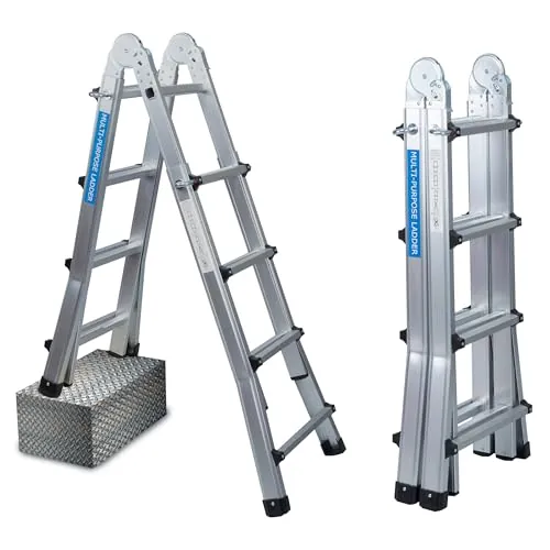 UZIRO Escalera Telescópica Plegable Articulada de Aluminio 4x4, Multiposición Extensibles 4,14 M, 4 Peldaños, Soporta hasta 150 KG, Plegable y Compacta