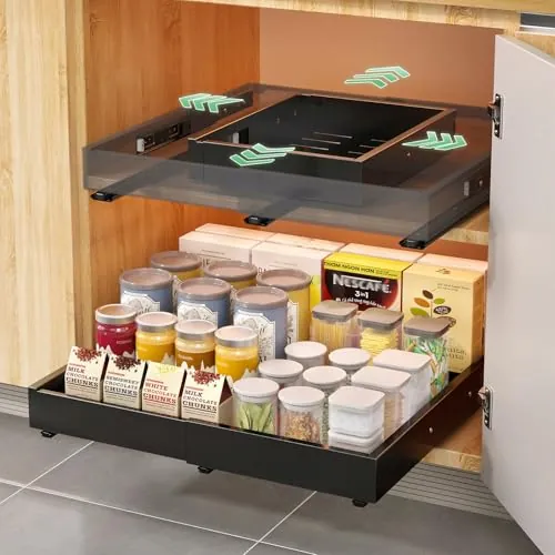 KUOGAS Pack de 2 Cajones Extraíbles para Cocina, Cajón Deslizante Ajustable en 4 Niveles, Organizador de Armario de Cocina y Cajón, sin perforación ni clavos (Negro (2 Unidades))