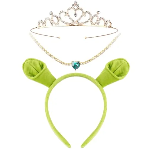 3 Piezas Diadema Ogro Verde Mujer Diadema con Orejas Oro Collar Corazon de Cristal Gargantillas Mujer Diadema Corona Princesa Halloween Accesorios Pelo Mujer para Fiesta Cosplay Carnaval Disfraz