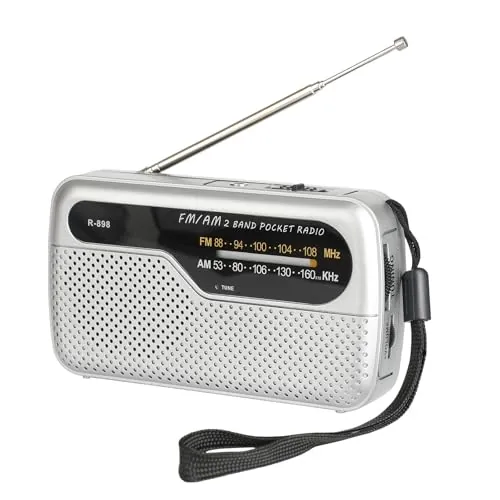 Raypow Radio de Portátil, Radios de Transistor Am FM Bolsillo Portátil Funciona con 2 Pilas AA, Radio de Pequeña de Bolsillo Viaje FM,Altavoz Fuerte,Uso en Interiores, Exteriores. (Plata)
