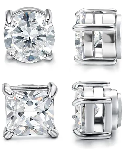 CASSIECA 2Pares Pendientes Magnéticos, Pendientes de Imán para Hombre Mujer Pendiente magnéticos Hombre Diamante Pendiente Iman Hombres Plata Circonita Falso Clip Non Piercing 7mm
