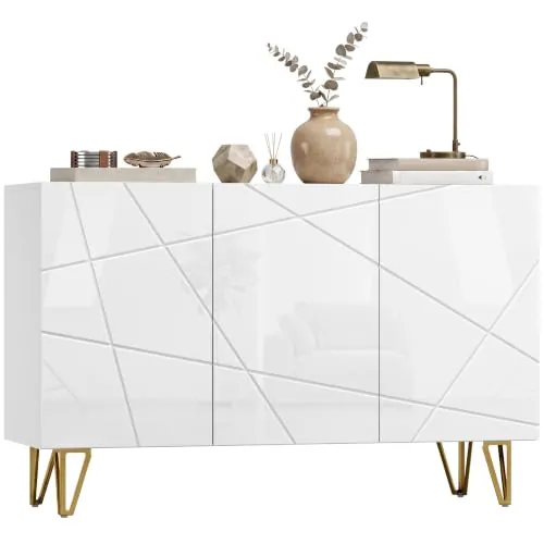 HOMCOM Aparador para Salón 3 Puertas 120x40x75 cm Blanco Brillo