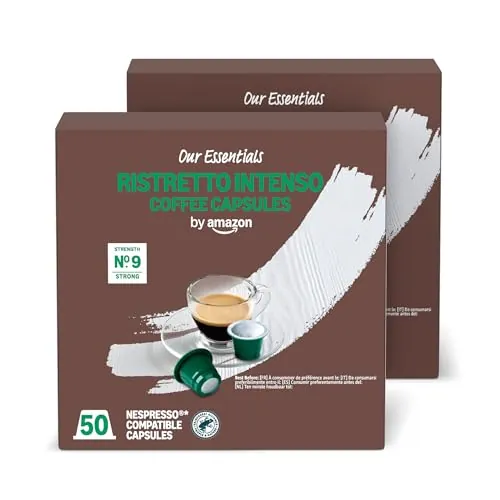 by Amazon Cápsulas de Café Ristretto Intenso de Plástico Compatibles con Nespresso, Tostado Oscuro, 100 Unidades (2 Paquetes de 50), Certificadas por Rainforest Alliance