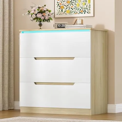 Hzuaneri Cómoda Equipada con LED, 3 Cajones, Cómoda para Dormitorio | Cajonera Organizador, Estilo Moderno, para Salón, Dormitorios, Pasillo, 40 x 70 x 80 cm, Blanco-Roble DC01331XEU