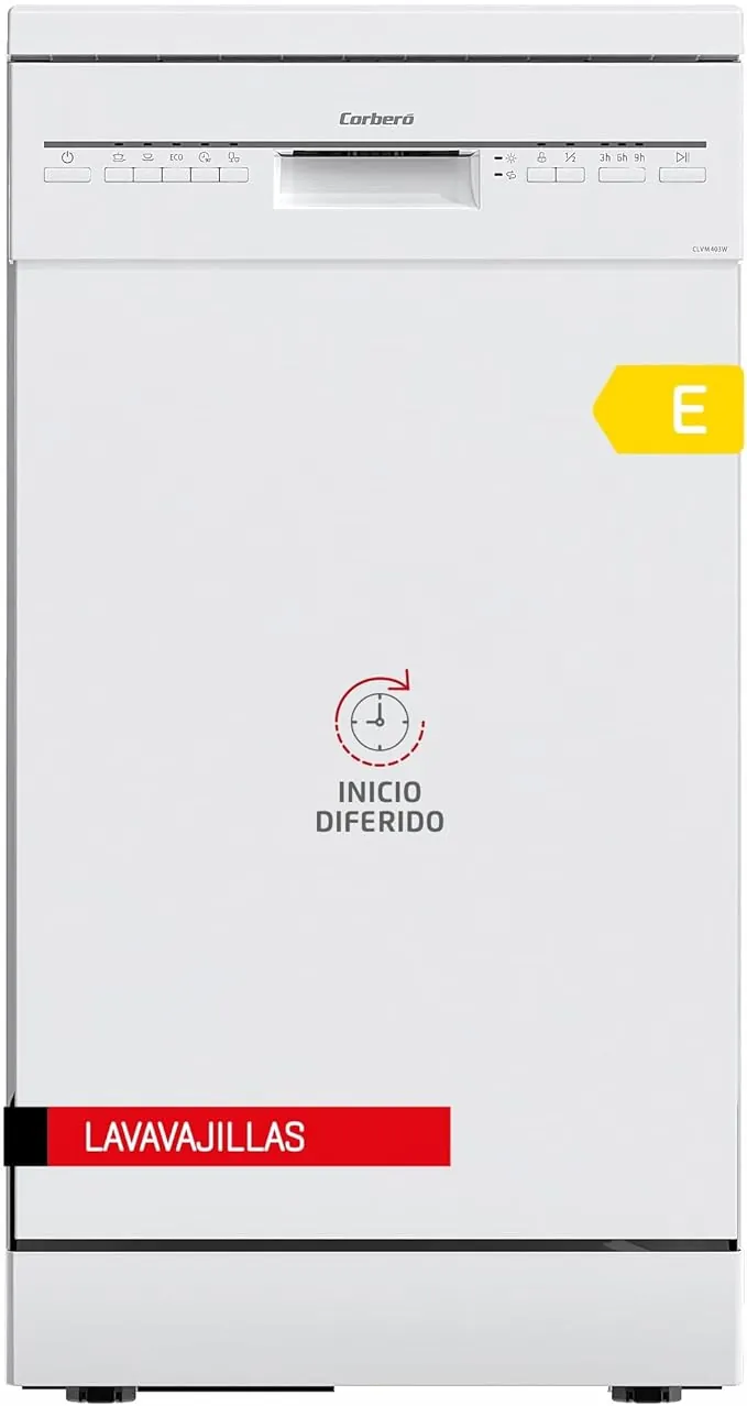 Corberó - Lavavajillas Plus 45cm | CLVM403W | 10 Cubiertos 5 Programas con 4 Temperaturas, Indicadores LED, Color Blanco, Inicio Diferido, Función Inicio-Pausa, 49 Db, Eficiencia Energética E