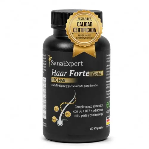 SanaExpert® Haar Forte Gold Pro Man | Suplemento Capilar Vegano para Hombre con Biotina, Mijo de Perla y Comino Negro para el Mantenimiento del Cabello | 60 Cápsulas | Fabricado en Alemania