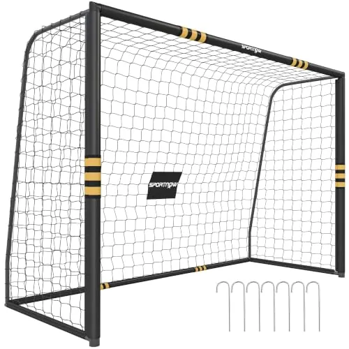 SPORTNOW Portería de Fútbol, con Red 300x120x200 cm Negro y Amarillo | Portería de Fútbol para Jardín, Piquetas de Suelo, Acolchado EPE, Estructura Metálica, Montaje Fácil, Interior y Exterior