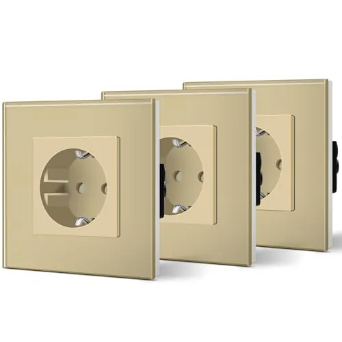 BSEED Enchufe de Pared con Cristal,Enchufes Empotrable Estándar,Schuko Enchufe Simple 16A 250V,Toma de Corriente para Cocina,Dormitorio,Oficina,Hotel,M Serie,1 Enchufe-3 Paquetes,86mm Oro