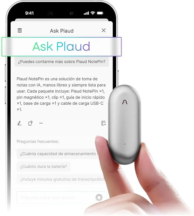 Plaud NotePin Grabadora de Voz con IA, Control por App para Tomar Notas, transcripción y Resumen con IA, soporta 112 Idiomas, 64 GB, grabadora de Audio para conferencias, reuniones, Plata Lunar