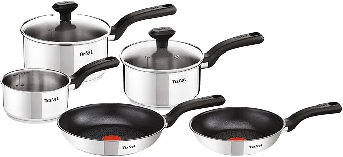 Tefal Comfort Max - Juego de 2 Sartenes 24/28 cm + 3 Cazos de 14/16/18/20 cm + 2 Tapas, Apto inducción, antiadherente, revestimiento titanio, apto lavavajillas y horno, acero inoxidable