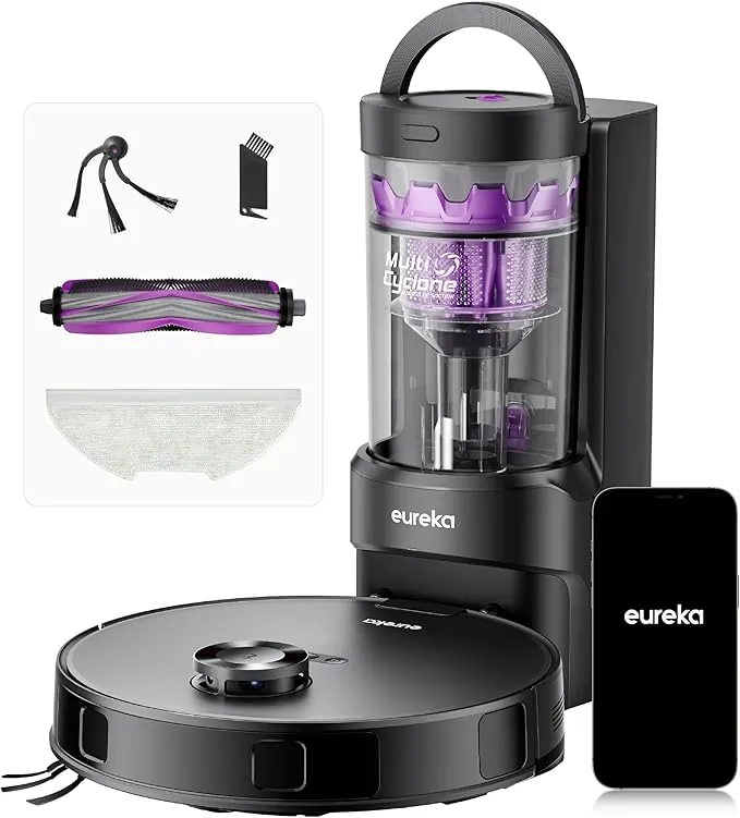 Eureka Robot Aspirador Fregasuelos de 10kPa, Aspirador Robot Antienredo, Autolimpieza, Autovaciado, Navegación Láser, Elevador 10 mm, 180 Min, Suelos Duros, Baldosas, Alfombras, E20 EVO Plus Negro