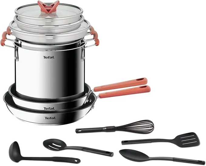Tefal Optispace - Juego de 2 Sartenes antiadherentes 24/28 cm + 3 Ollas 18/20/22 cm + 2 Tapas, Apto inducción, Thermo-signal, apto lavavajillas y horno, acero inoxidable