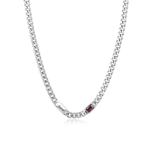 kaululu Collar Personalizado para Hombre de Acero Inoxidable con Nombre Piedra del Cumpleaños Collar Cubano Plata Negro Regalos Personalizados Papa Día del Padre (Nombre 1)