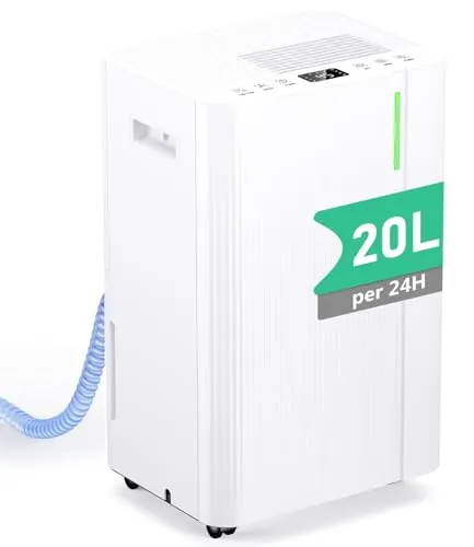 Deshumidificador 20L/Día - Deshumificadores Eléctrico con Compresor, 3 Modos, Silencioso y de Bajo Consumo, Drenaje Continuo, Depósito 5L, Temporizador 24H, Control Automático de Humedad para Hogar