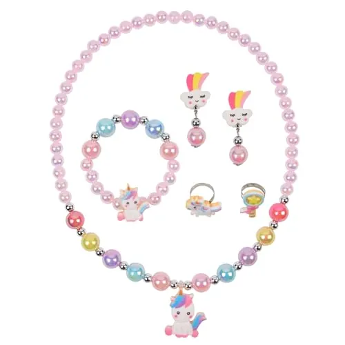 OSDUE 6 Piezas Conjunto de Joyas de Unicornio para Niñas, Joyas de Unicornio para Niños que Incluyen Collar, Anillo, Pulsera, Aretes, Conjunto de Joyas de Unicornio para Niños para Fiesta