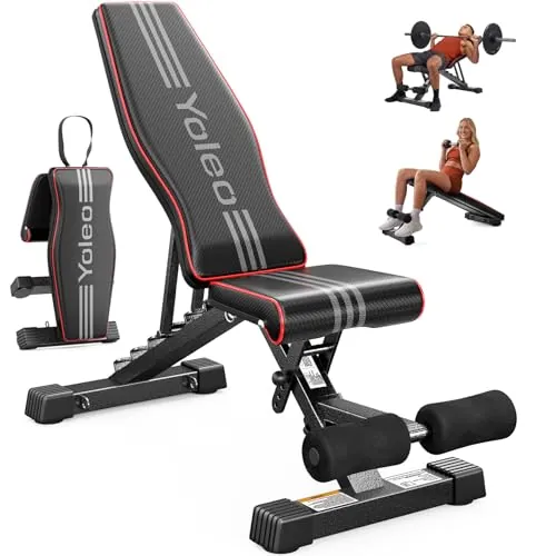 YOLEO Banco de Pesas Ajustable Plegable, Banco de Musculación Plano, Inclinado y Declinado, Banco de Ejercicios para Entrenamiento de Cuerpo Completo, Fitness para Casa (Rojo)