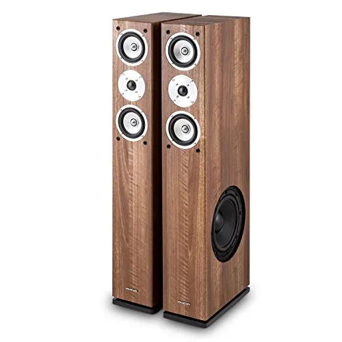 AUNA Linie 501 - Altavoces de Torre pasivos, Rendimiento RMS 140 W, Potencia máx. 280 W, Subwoofer, Frecuencias Medias agudas, Revestimiento de Aluminio, Carcasa de Madera, Cubierta extraíble, Marrón
