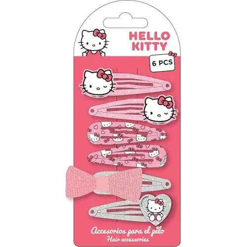 Ganchos para el cabello Hello Kitty 6 piezas para niñas | Set de broches metálicos rosas con glitter, moño decorativo y diseños originales Sanrio