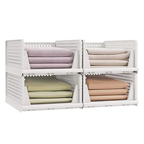 SONGMICS Cajas de Almacenaje de Plástico, Juego de 4, 33 x 43 x 18,5 cm | Organizador de Armario Tipo Cajón, Apilable y Plegable, para Ropa, Blanco, Colección DENNYS LPC400WZ01