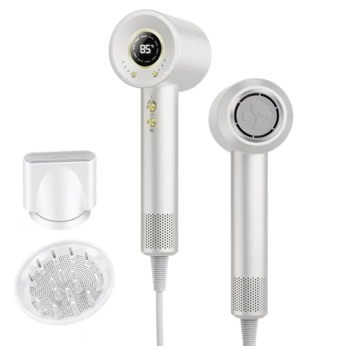 Secador Pelo Profesional Iónico con Difusor y Boquilla, Pantalla Digital | Secador de Pelo Portátil 180.000 RPM, 500M iones, Secado Rápido, 4 Temperaturas y 3 Velocidades, Control Inteligente de Calor