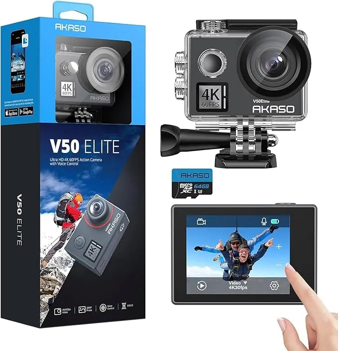 AKASO V50 Elite Cámara Deportiva 4K WiFi 20MP con Tarjeta de Memoria MicroSDXC de 64GB, Cámara de Acción con EIS Pantalla Táctil, Camara Acuatica Sumergible con 8X Zoom 2 Baterías Multi Accesorios