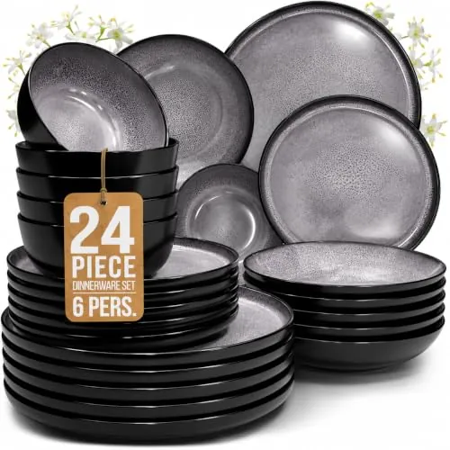 Juego de Vajilla de Steingut Ibiza para 6 Personas - 24 Piezas, Set de Vajilla para Lavavajillas y Microondas - Moderno Juego de Platos - Servicio de Pure Living en gris oscuro