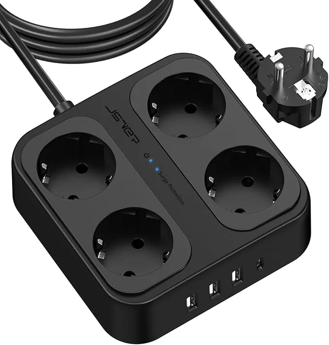 JSVER Regleta Enchufes Proteccion Sobretension 4 Tomas Corrientes y 4 Rápida USB Tomas, Regleta USB 3680W/16A con Interruptor y Protección contra Sobrecargas, Cable de 3M-Negro