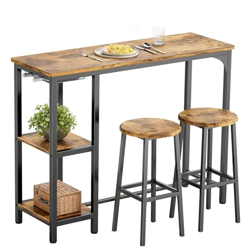 Bealife Juego de Mesa de Bar Alta con 2 Taburetes - Mesa Alta para Cocina o Salón con 2 Estantes y Portabotellas de Vino (Retro)