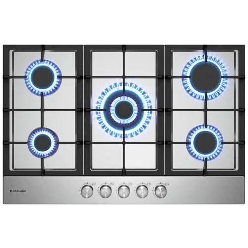 GASLAND GH2705SS1FC Placa de Gas Butano de 76 cm, 5 Fogones Empotrables de Acero Inoxidable con Quemador Wok, 10,4 kW, Compatible con Gas Natural/GLP