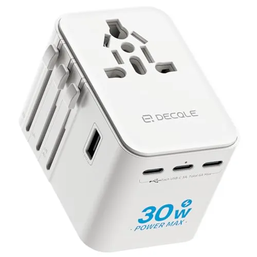 decqle Adaptador Enchufe Universal, Adaptador de Viaje con 3 USB-C(30W), 2 USB-A y 1 AC, Adaptador Universal para EU, Reino Unido, Americano, Canadá, Australia& 224+País(Blanco)