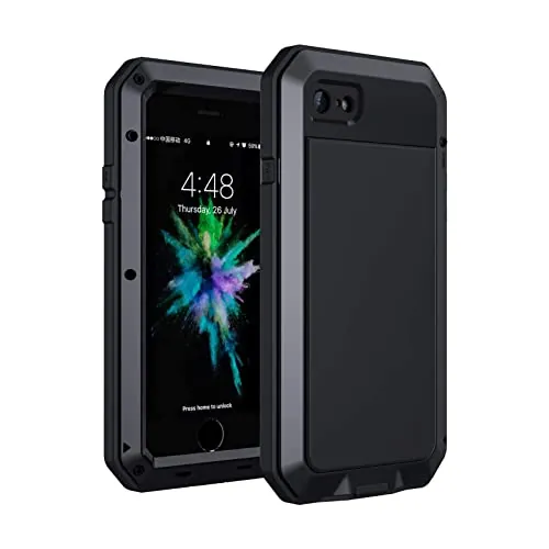 Lanhiem Funda iPhone SE 2020 7/8 Antigolpes [Rugged Armour] Cuerpo Completo Protectado,Prueba de Polvos Metal Fundas con Protector de Vidrio [Compatible con Carga Inalámbrica] para iPhone SE/7/8