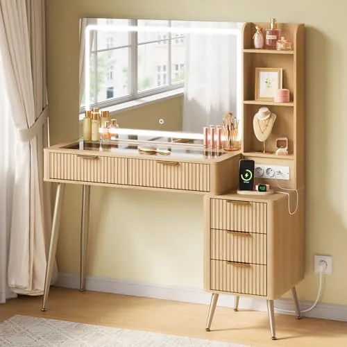 WOLTU Tocador Maquillaje con Luz LED, Encimera de Vidrio Templado, Regleta