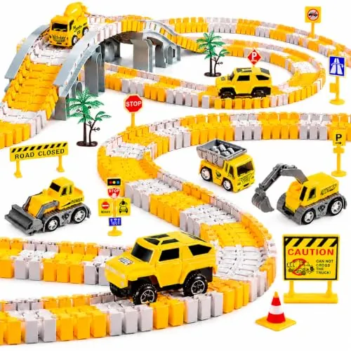 kizplays Pista de Carreras 260 Piezas con 6 Excavadoras Toy | Autopista de 3 4 5 6 Años Flexible Track Crane Games Electric Car para Niños Regalo