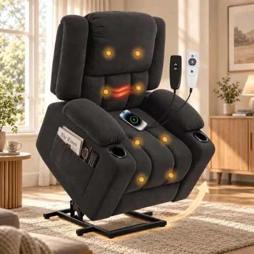 FLEXISPOT Sillón Elevador Eléctrico, Masaje 8 Puntos y Calefacción, USB | Sillón Relax Eléctrico, ayuda al levantarse, reclinación 105‑165°, carga 200kg, portavasos, USB‑C, garantía 3 años