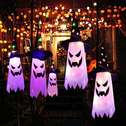 Decoraciones de Halloween al aire libre, Sombrero de Fantasma con Luces, 5 Piezas Guirnalda de Luces de Fantasma Brillante, Sombrero de Bruja Decoración de Halloween para Fiesta de Halloween