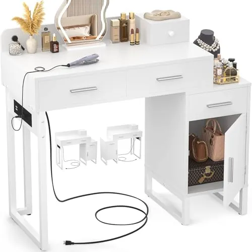 iSunirm Tocador de Maquillaje Moderno con 4 Cajones, Mesa Tocador Blanca con Mueble Reversible, Vanity de Maquillaje para Dormitorio, 90x40x76 cm