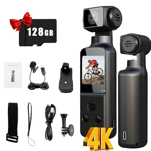 Cámara de bolsillo 4K, cámara de vlogging con micrófono externo, cámara POV con lente giratoria de 270°, enfoque rápido, pantalla giratoria de 1.3 pulgadas, tarjeta TF de 128 GB