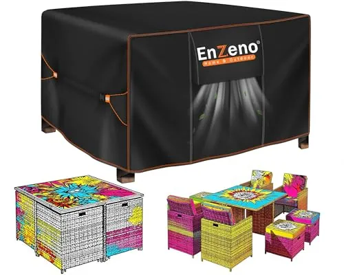 Enzeno Funda Mesa Exterior Impermeable,Funda Muebles Exterior Impermeable 125x125x74cm,Cubierta Conjunto Jardin Aplicable a Mesa y Sillas,Anti Viento, Anti UV