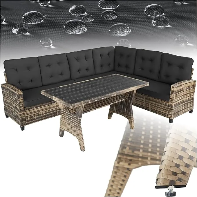 tectake® Conjunto Jardín de Ratán Combinable con Cojines 9 cm, Conjunto Terraza Resistente a la Intemperie, Muebles Jardín Exterior 2 Sofás, 1 Sofá Esquinero, 1 Mesa con Pies Ajustables - Natural