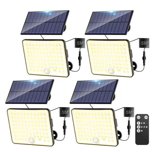 kolpop 4 Paquete Focos LED Exterior Solares,Focos LED Solares Sensor de Movimiento con Mando a Distancia,IP65 Impermeable Luz Solar,3 Modos Luz Solar Exterior Potente para Jardín,Patio,Garajes