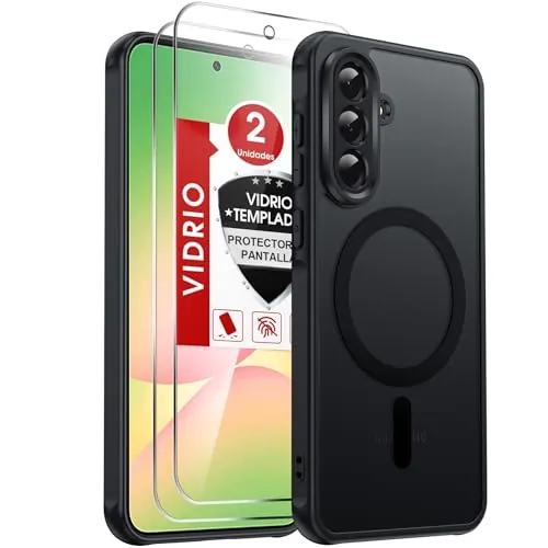 LeYi Funda para Samsung Galaxy A56/A 56 5G Compatible con MagSafe Magnética, con 2× Cristal Templado, Carcasa Translúcido Esmerilado Grado Militar Antigolpes Case, Negro