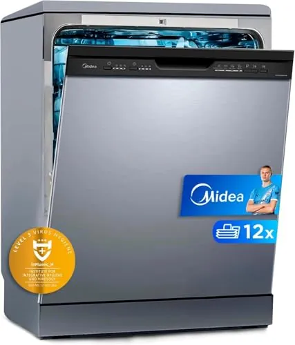 Midea Lavavajillas 60 cm+++ Inox para 12 servicios - Lavaplatos Libre Instalación con 4 Programas, Silencioso 49dB, Filtro Antibacterias, Modo ECO, Lavado Rápido, Función de Media Carga, Sanitización+