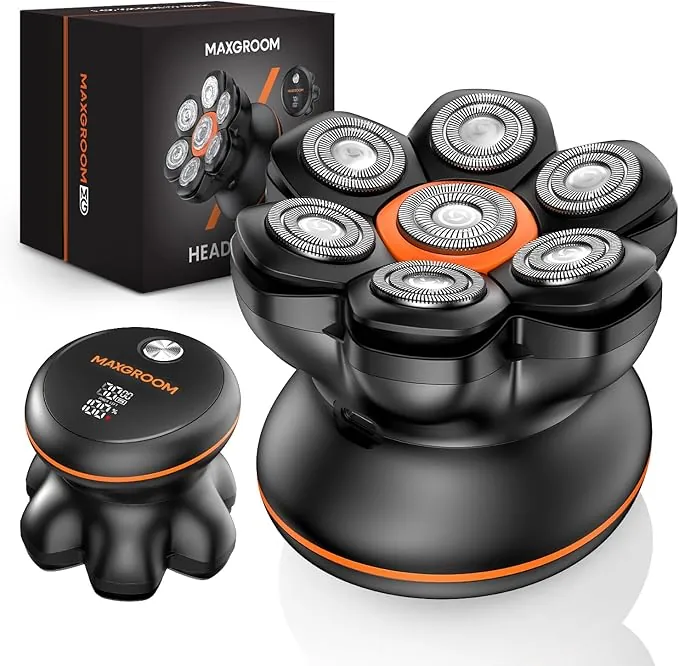 MAXGROOM Afeitadora Cabeza Hombre, Maquina Afeitar Hombre, Afeitadora para Calva en Seco y Húmedo, Batería de Larga Duración, 7 Cabezales, Magnético, 100% impermeable, Color Negro