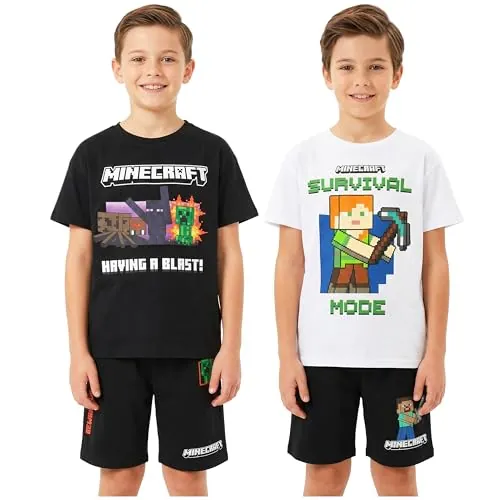 Minecraft Pijama Niño 6-14 Años, Pack de 1 o 2 Conjunto de Pijama Corto, Creeper Ropa de Dormir Manga Corta, Regalos Niños (9-10 Años, Gris/Blanco, 2 Paquete)