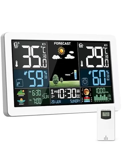 Estación Meteorológica Interior y Exterior con Pantalla a Color, Pronóstico del Tiempo, Temperatura, Humedad, Despertador LCD con Función de Repetición A2