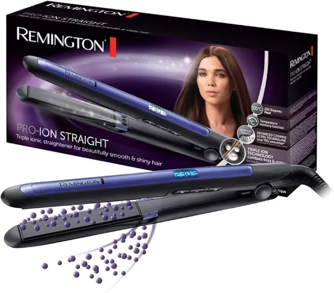 Remington Plancha Pelo tecnología iónica triple: menos encrespamiento y electricidad estática Pro-Ion cerámica con turmalina ultra, pantalla LCD, 150-230 °C, función de temperatura turbo S7710