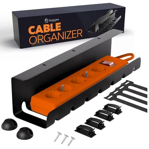 Zenacasa - Organizador Cables Escritorio de Acero Blanco | Bandeja y Pasacables Cables Escritorio con Accesorios · Montaje Sencillo · Caja Organizadora Cables Robusta y Práctica