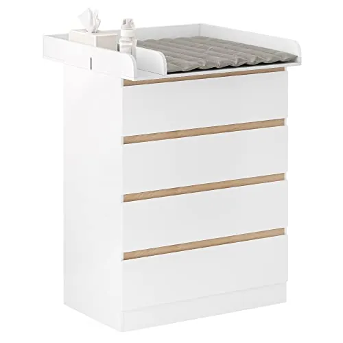 WOLTU Cambiador Bebe con 4 Cajones, Cómoda Cambiador Pañales, Cómoda para Dormitorio, Gran Almacenamiento, Fácil de Limpiar, Blanco+Roble Claro, 80x75x109,2 cm