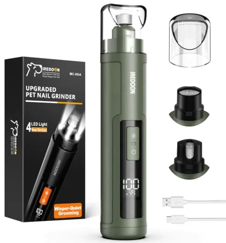 IREDOON Lima Uñas Perro, 3 Velocidades con 4 Luces LED Apto para Mascotas | Ultra Silencioso, Recargable Eléctrica Cortauñas De Mascotas para Perros y Gatos Grandes, Medianos y Pequeños（Verde）
